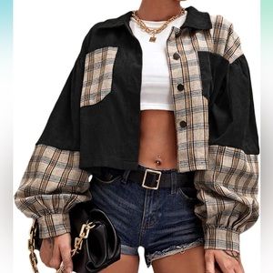 Women's Puff Long Sleeve Pocket Front Plaid Casual Tartan Outerwear